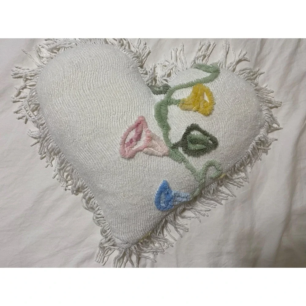 Chenille Heart Pillow Vintage Look Chenille Flowers Fringe Shabby Cottage Granny